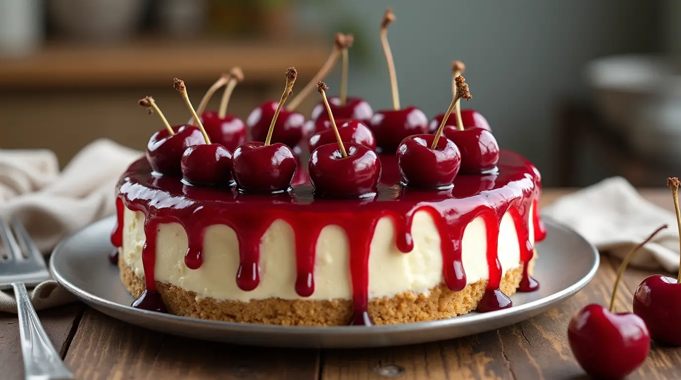 Freshly made cherry cheesecake, garnished with vibrant cherries, served on a white plate.