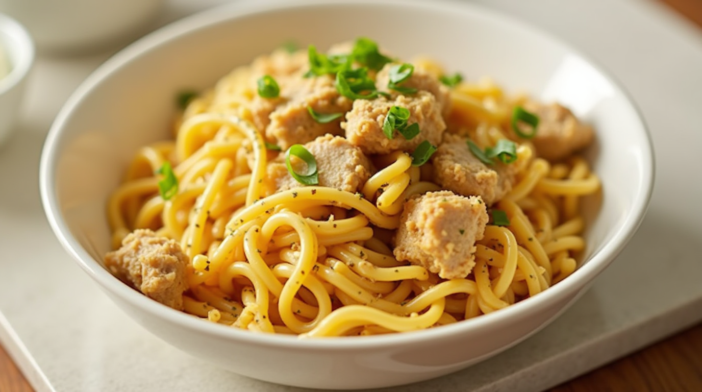 A bowl of egg noodles topped with tender chunks of chicken, garnished with fresh herbs, served in a white bowl on a light surface.