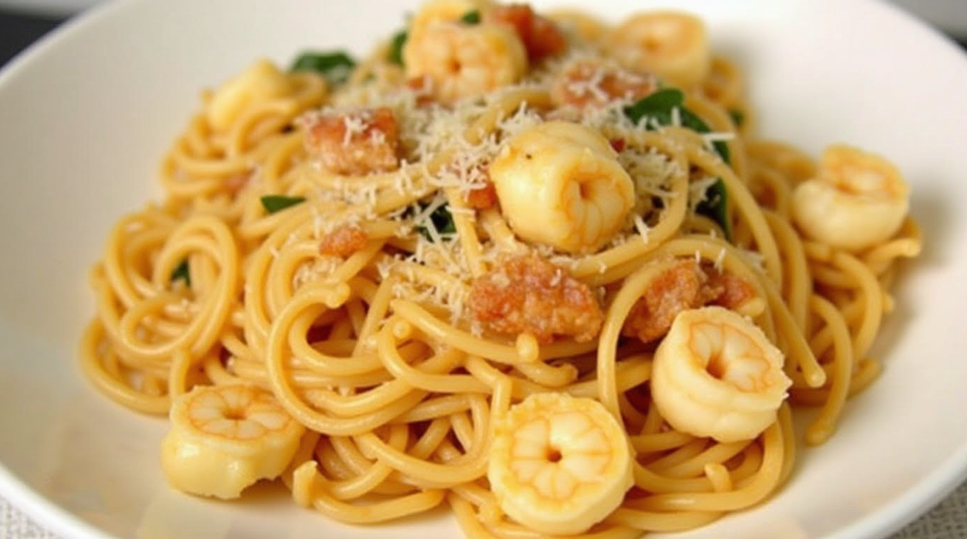 A plate of creamy shrimp pasta with fettuccine, garnished with parsley and served in a white dish.