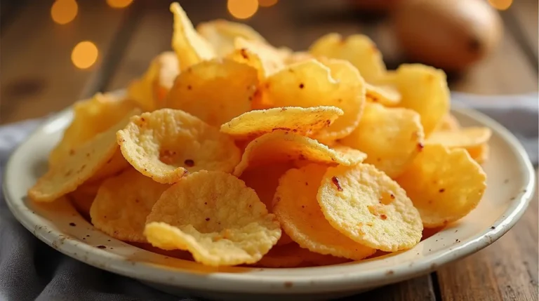 "Homemade potato chips arranged on a wooden board with a sprinkle of seasoning and a side of dipping sauce."