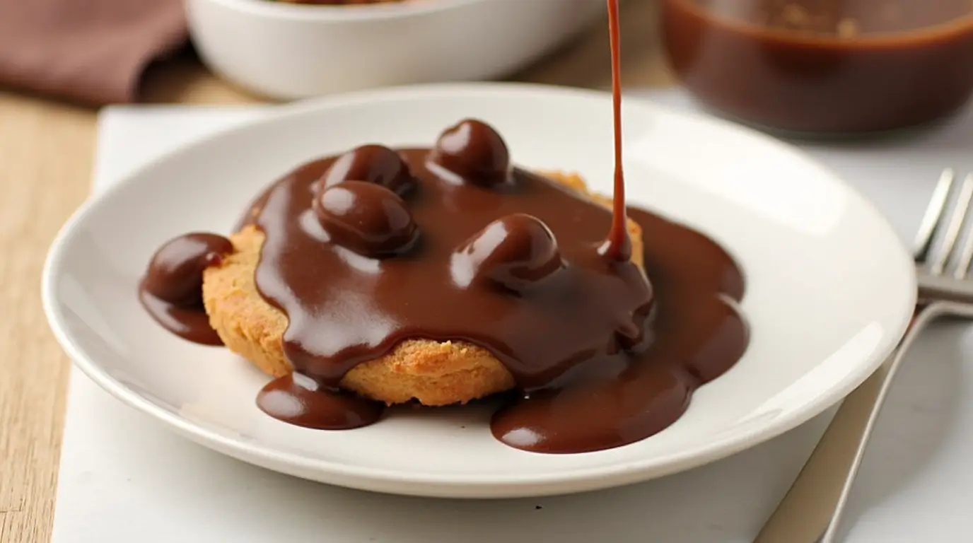 Homemade chocolate gravy poured over fluffy biscuits, showcasing its rich, velvety texture.