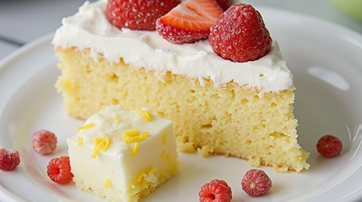 A slice of golden yellow sheet cake topped with white frosting and fresh strawberries and raspberries, accompanied by a small lemon-flavored treat on a white plate.