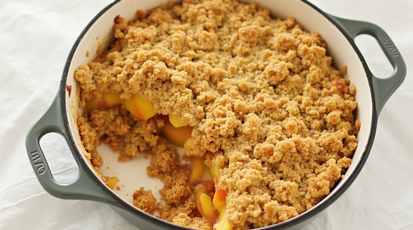 A golden peach crumble served warm in a white dish, topped with a scoop of vanilla ice cream, and garnished with fresh peach slices.