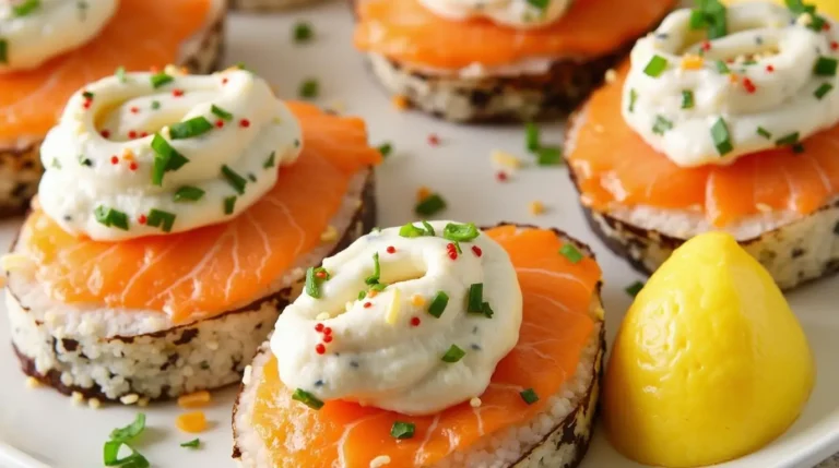 "Salmon sushi bake in a casserole dish topped with sesame seeds and green onions, served with nori sheets on the side."