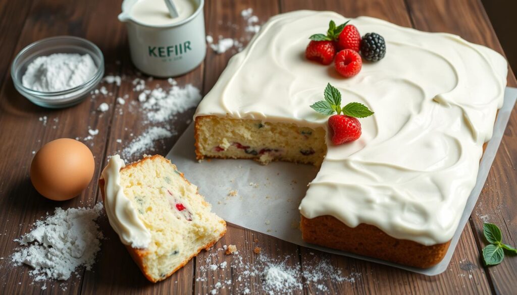 A moist rectangular kefir cake topped with creamy white frosting and garnished with fresh raspberries, blackberries, and mint leaves, placed on a wooden table surrounded by baking ingredients.