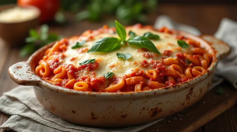 Cheesy baked ziti without meat topped with fresh basil in a rustic dish.