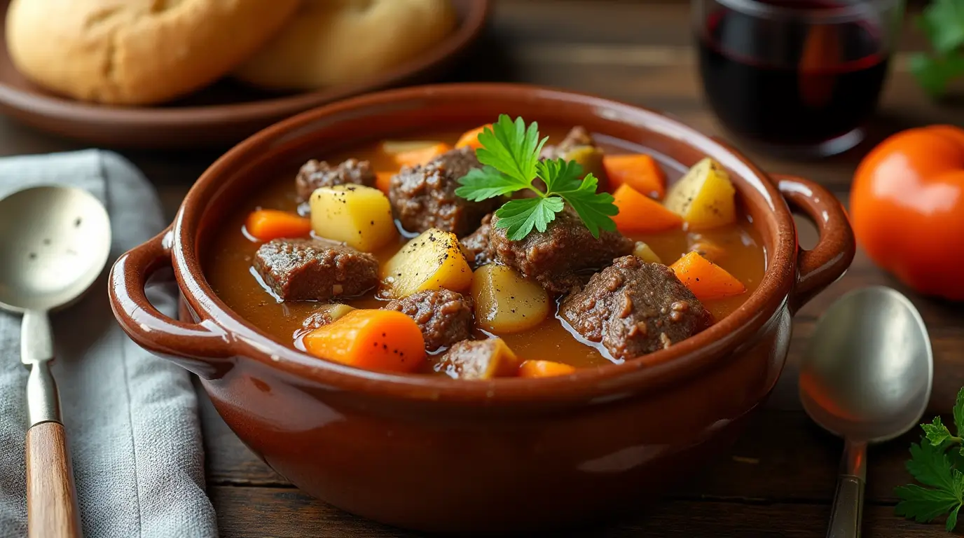 A rustic bowl of beef stew filled with tender beef chunks, carrots, potatoes, and celery in a rich broth, garnished with fresh parsley and served with crusty bread on a wooden table.