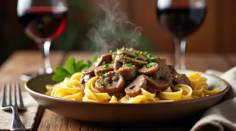 "A plate of beef stroganoff with tender beef slices in creamy mushroom sauce, served over egg noodles and garnished with parsley, placed on a rustic wooden table with a glass of red wine nearby."