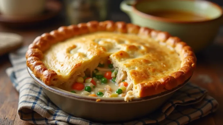 A golden-brown creamy chicken pot pie with a flaky crust, partially sliced to reveal a creamy filling of chicken and vegetables, placed on a rustic wooden table with a checkered kitchen towel and cozy background elements.