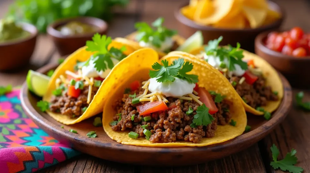 "A plate of ground beef tacos on golden corn tortillas, topped with lettuce, tomatoes, cheese, sour cream, and cilantro, served with lime wedges and bowls of salsa and guacamole on a rustic wooden table."