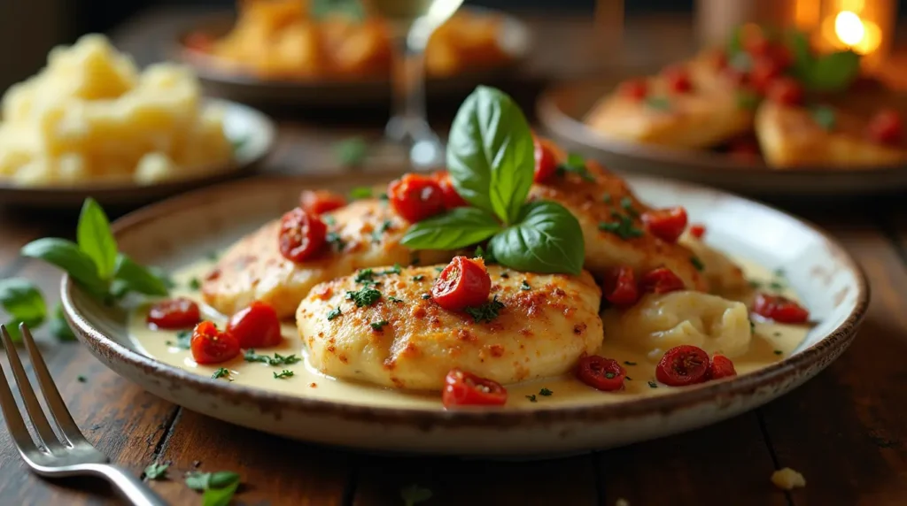 Golden-brown chicken breasts in a creamy parmesan sauce with sundried tomatoes, garnished with fresh herbs, served on a rustic ceramic plate with romantic candlelight ambiance.