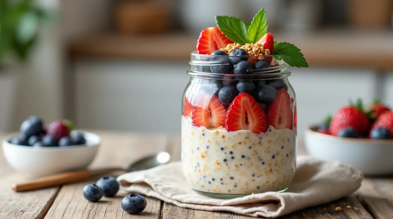 "A clear glass jar filled with layered overnight oats, almond milk, fresh blueberries, sliced strawberries, chia seeds, and a drizzle of honey, topped with granola. The jar sits on a rustic wooden table with a linen napkin, a bowl of mixed berries, and a spoon, set in a cozy, well-lit kitchen."