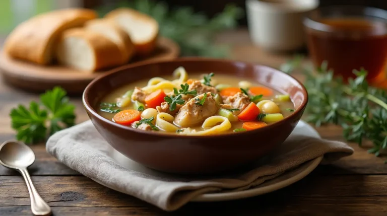 A bowl of turkey soup with tender turkey chunks, carrots, celery, and noodles, served on a rustic wooden table with fresh herbs and bread.