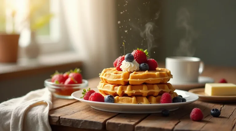 "A stack of golden-brown waffles topped with syrup, whipped cream, and fresh berries, placed on a rustic wooden table with a cup of coffee and sunlight streaming through a window."